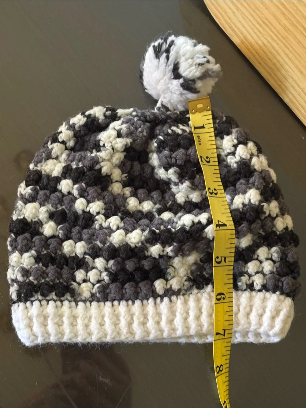 Handmade Pom-Pom Knit Beanie Hat - White, Gray & Black